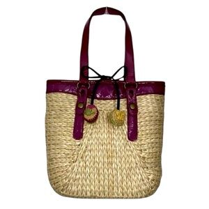 Lucky Brand Corn Husk Straw Rattan Woven Patent Leather Large Tote Bag